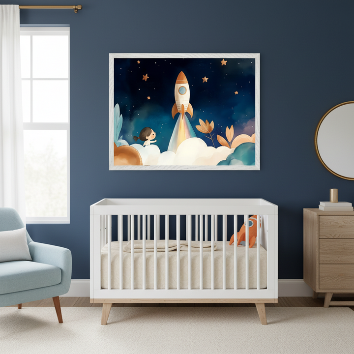 Modern nursery with a white crib against a dark blue wall. A large framed watercolor print of a child watching a rocket launch into a starry sky hangs centered above the crib. An armchair and dresser are also in the room.