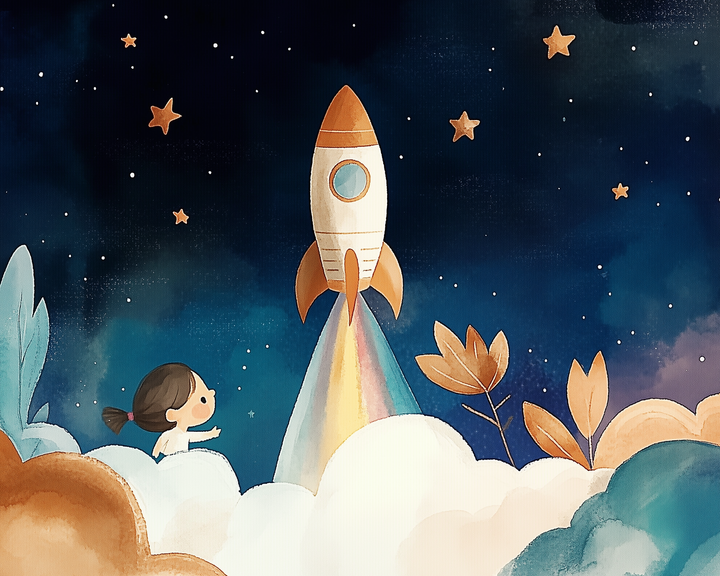 A cartoon girl peers out from fluffy clouds as a rocket launches into a star-filled night sky, trailing a soft rainbow exhaust. The dreamy colors and soft brush strokes create a sense of curiosity and adventure.