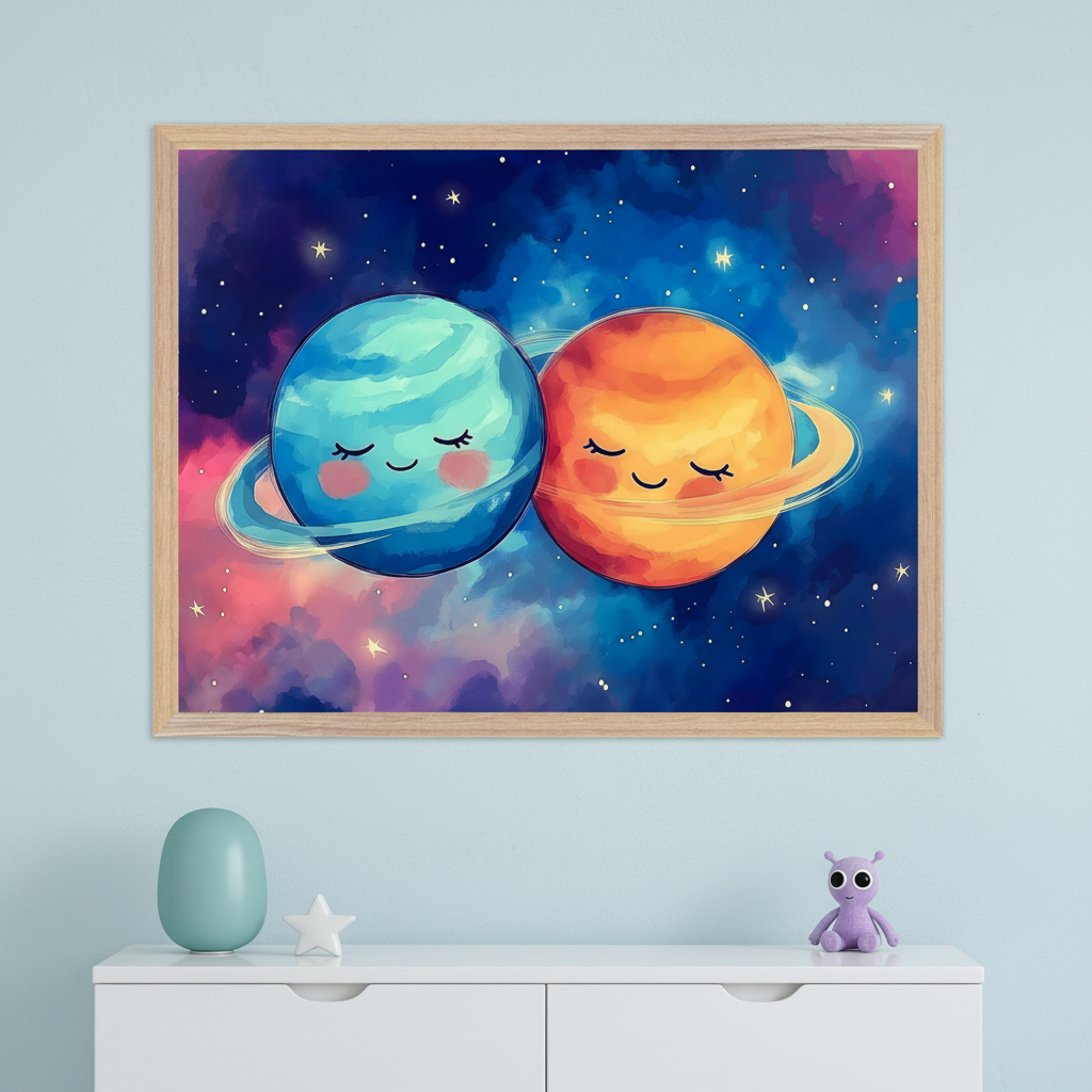Modern kid's room with a light blue wall. A large light wood framed print of two smiling cartoon planets (blue-green and orange) with rings, embracing in a colorful galaxy, hangs above a white dresser. A teal vase, white star, and purple alien plush are on the dresser.