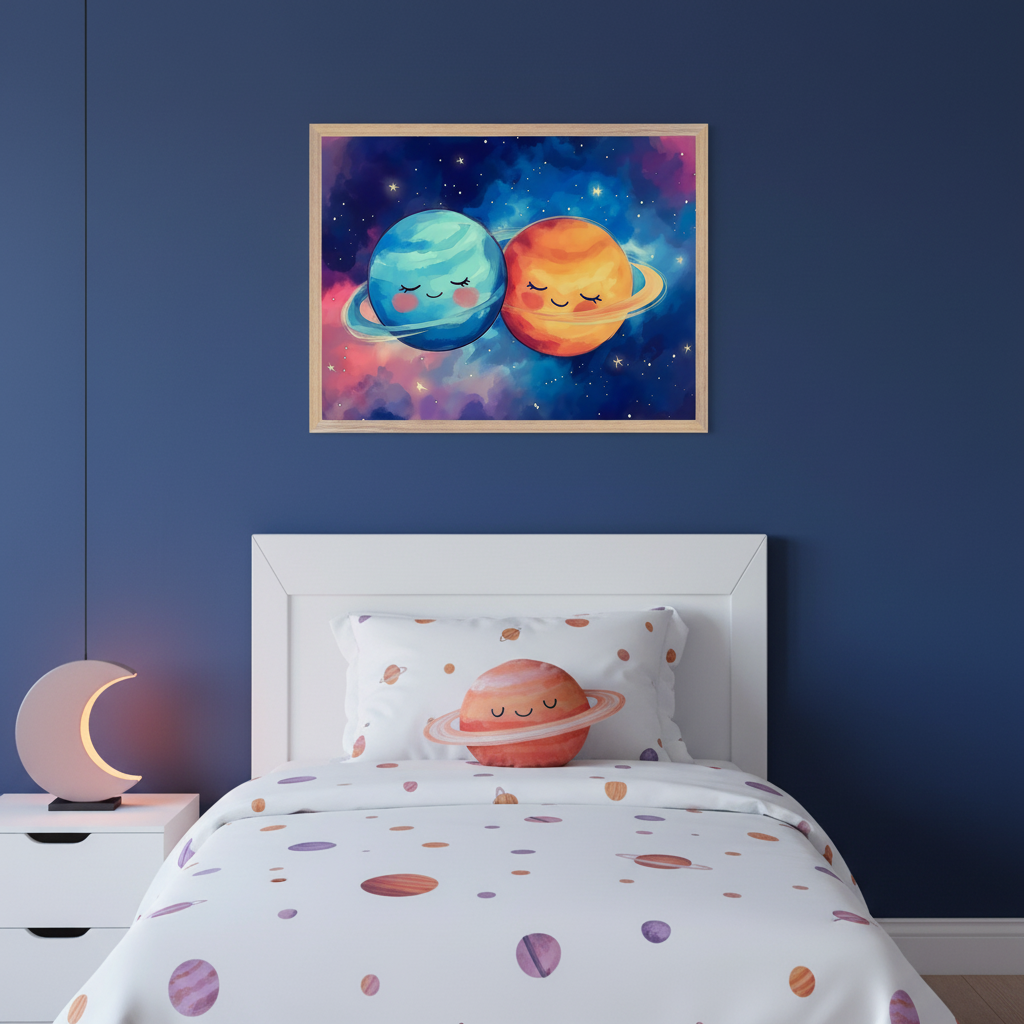 Kid's bedroom with a white bed and a dark blue wall. A framed watercolor illustration of two smiling planets hugging in space hangs centered above the bed. A white nightstand with a crescent moon lamp is to the left. The bed has white, planet-patterned bedding.