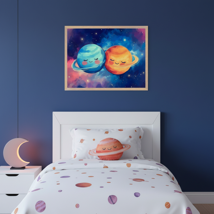 Kid's bedroom with a white bed and a dark blue wall. A framed watercolor illustration of two smiling planets hugging in space hangs centered above the bed. A white nightstand with a crescent moon lamp is to the left. The bed has white, planet-patterned bedding.