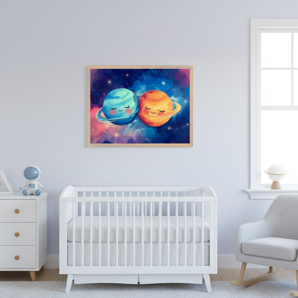 Modern nursery with a white crib, white dresser, and gray rocking chair. A framed print of two anthropomorphic planets with rings, embracing in a colorful starry nebula, hangs above the crib.