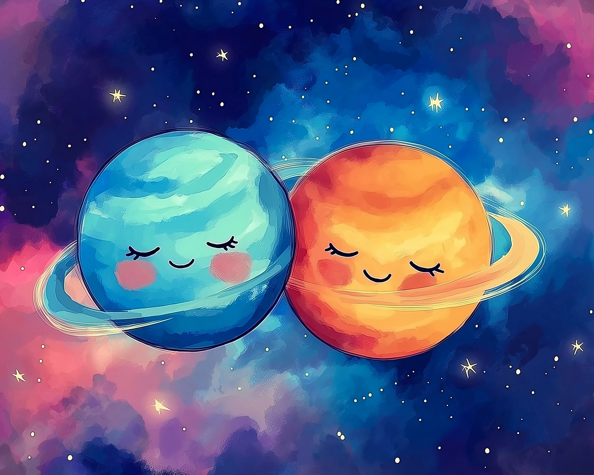 Two cartoon-style planets, one blue and one orange with rings, smile with their eyes closed and cheeks blushing as they lean against each other in a colorful galaxy. The playful design adds a charming, affectionate mood to the cosmos.