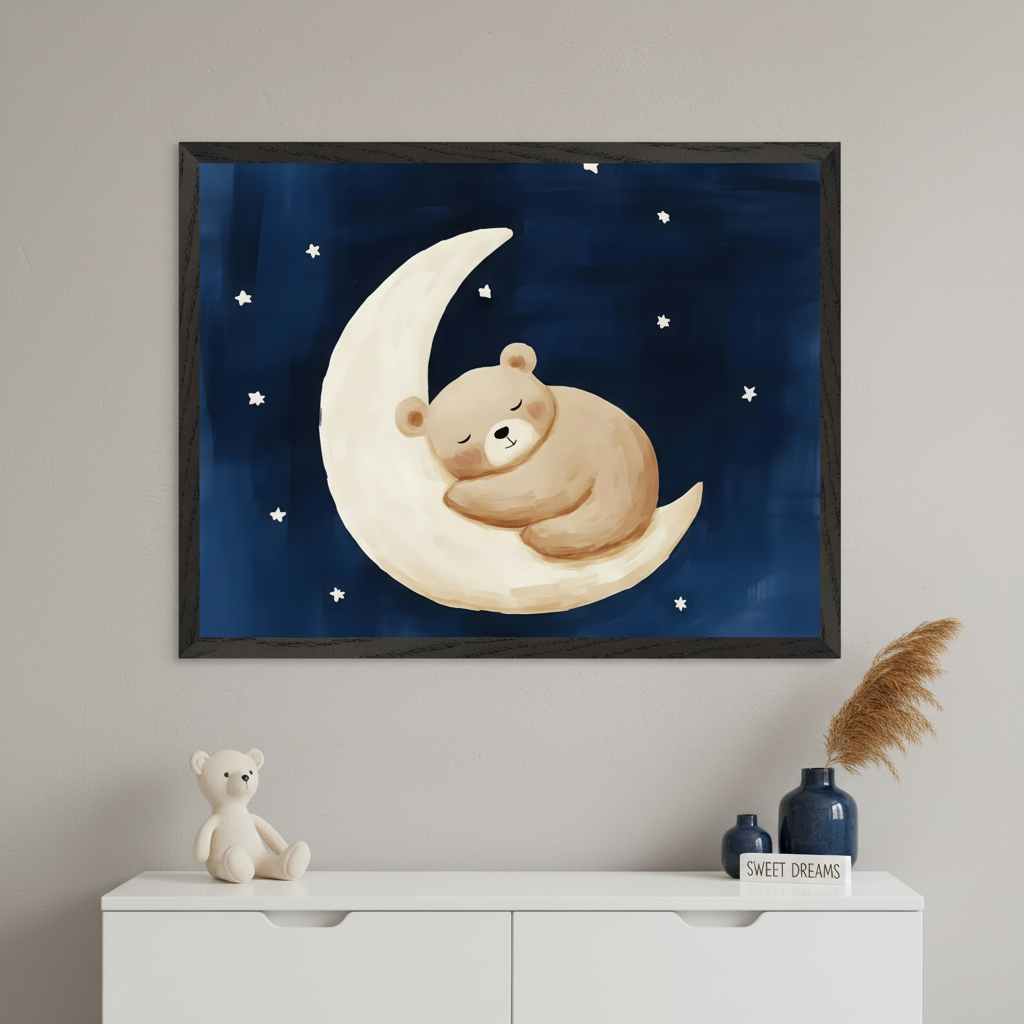 Modern nursery with a white dresser. A framed painting of a sleeping brown bear on a crescent moon against a dark blue, starry sky hangs above the dresser. A white teddy bear, blue vases, and a 'SWEET DREAMS' sign are on the dresser.
