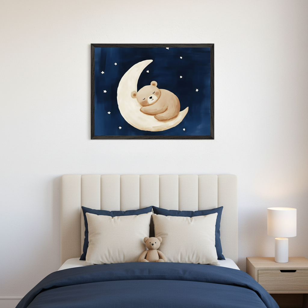 Modern kid's bedroom with a light upholstered bed. A framed painting of a sleeping brown bear on a crescent moon against a dark blue starry sky hangs centered above the bed. Blue duvet, light pillows, a teddy bear, and a nightstand with a lamp.