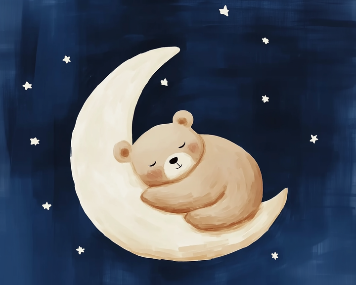 A chubby tan bear sleeps curled around a glowing crescent moon, surrounded by twinkling white stars in a dark navy sky. The cozy, soothing vibe makes it ideal for bedtime-themed content.