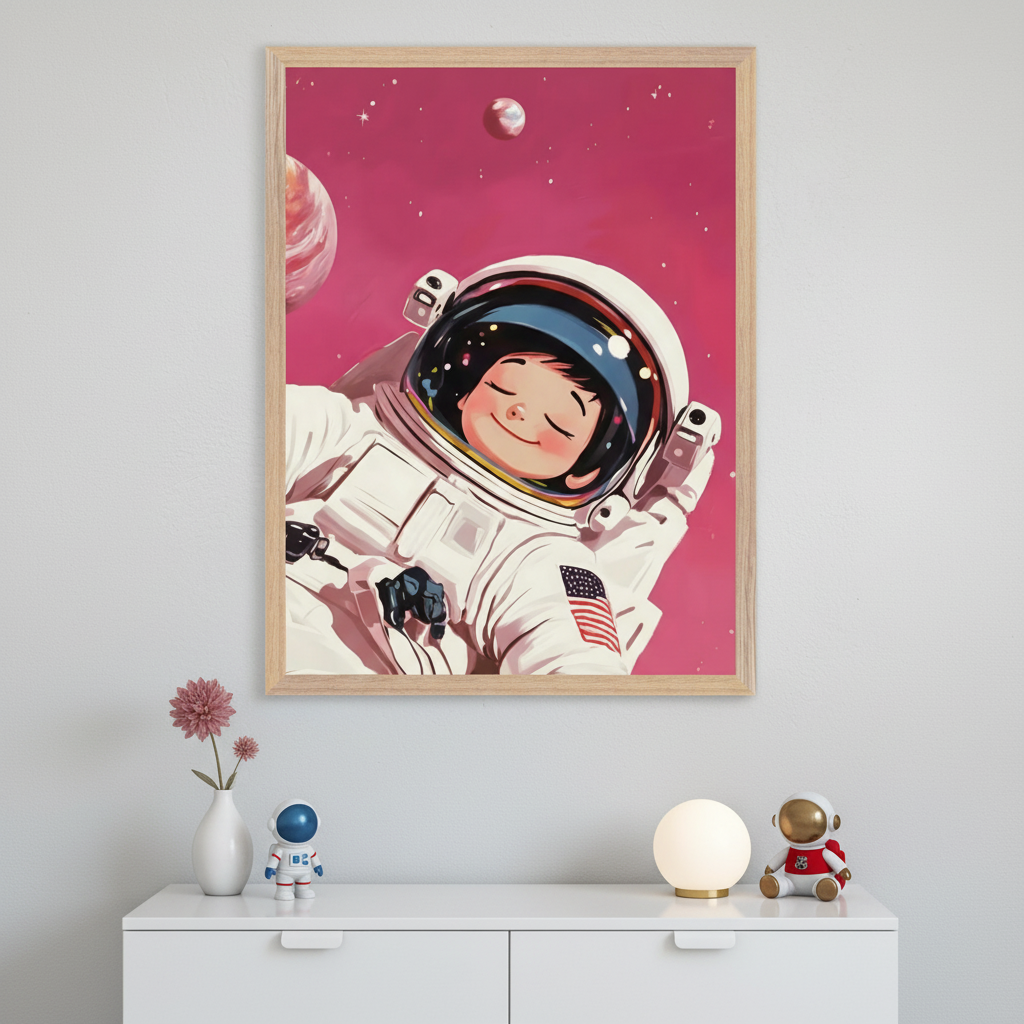 Modern kid's bedroom with a white dresser. A framed illustration of a smiling child in a white astronaut suit, floating in pink space with planets and stars, hangs above the dresser. The suit has an American flag patch.