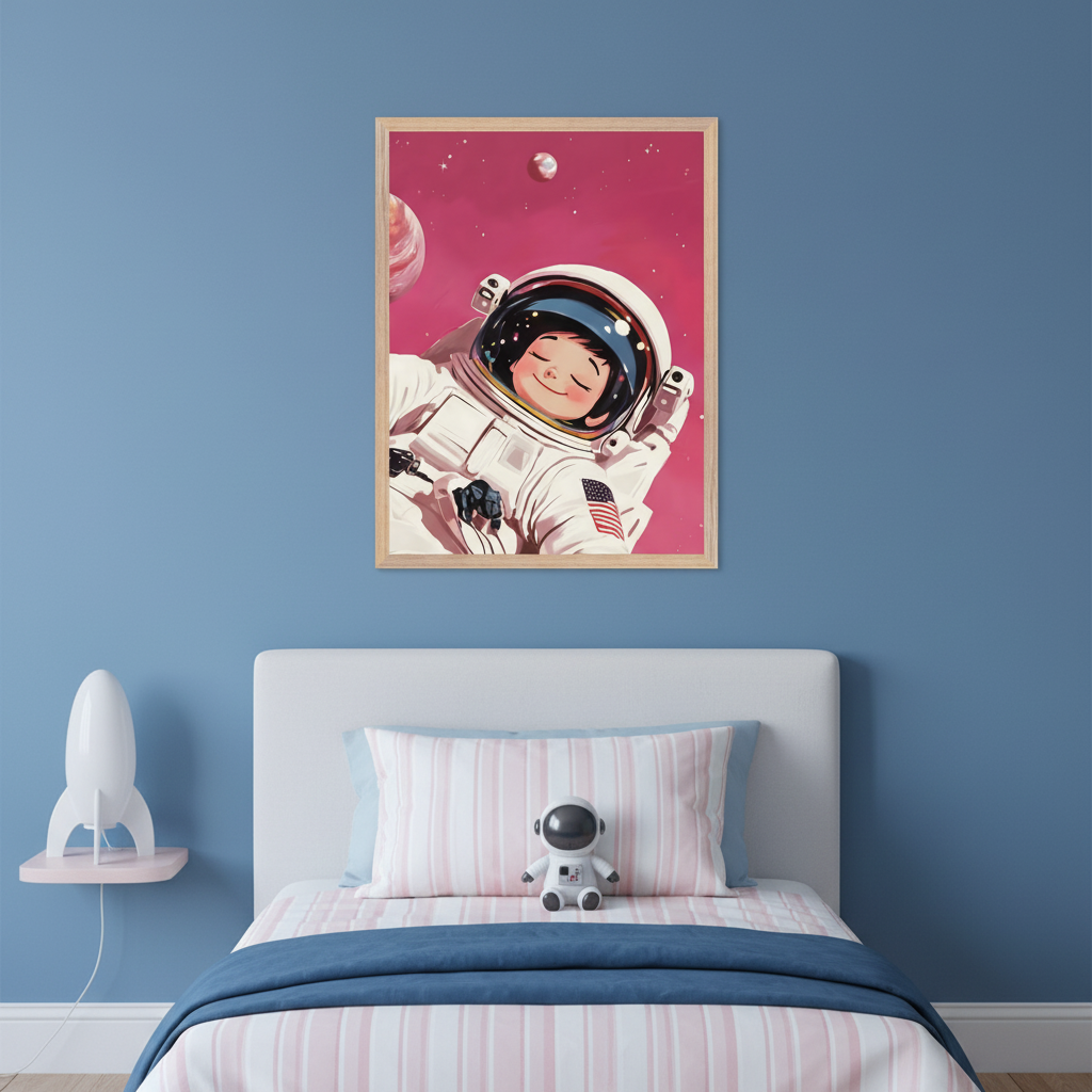 Kid's bedroom with blue walls and a white bed. A framed vertical print of a smiling child astronaut in a pink space background with planets hangs above the bed. A rocket lamp is on a shelf, and an astronaut plush sits on the bed.