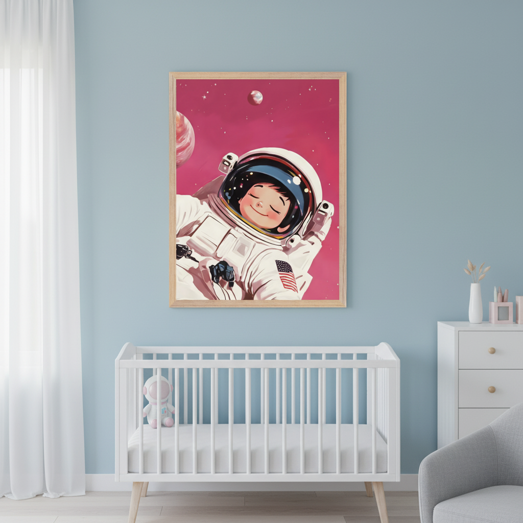 Modern nursery with light blue walls. A large framed illustration of a sleeping child astronaut in pink starry space hangs centered above a white crib. A white dresser is on the right, and a gray armchair is partially seen.