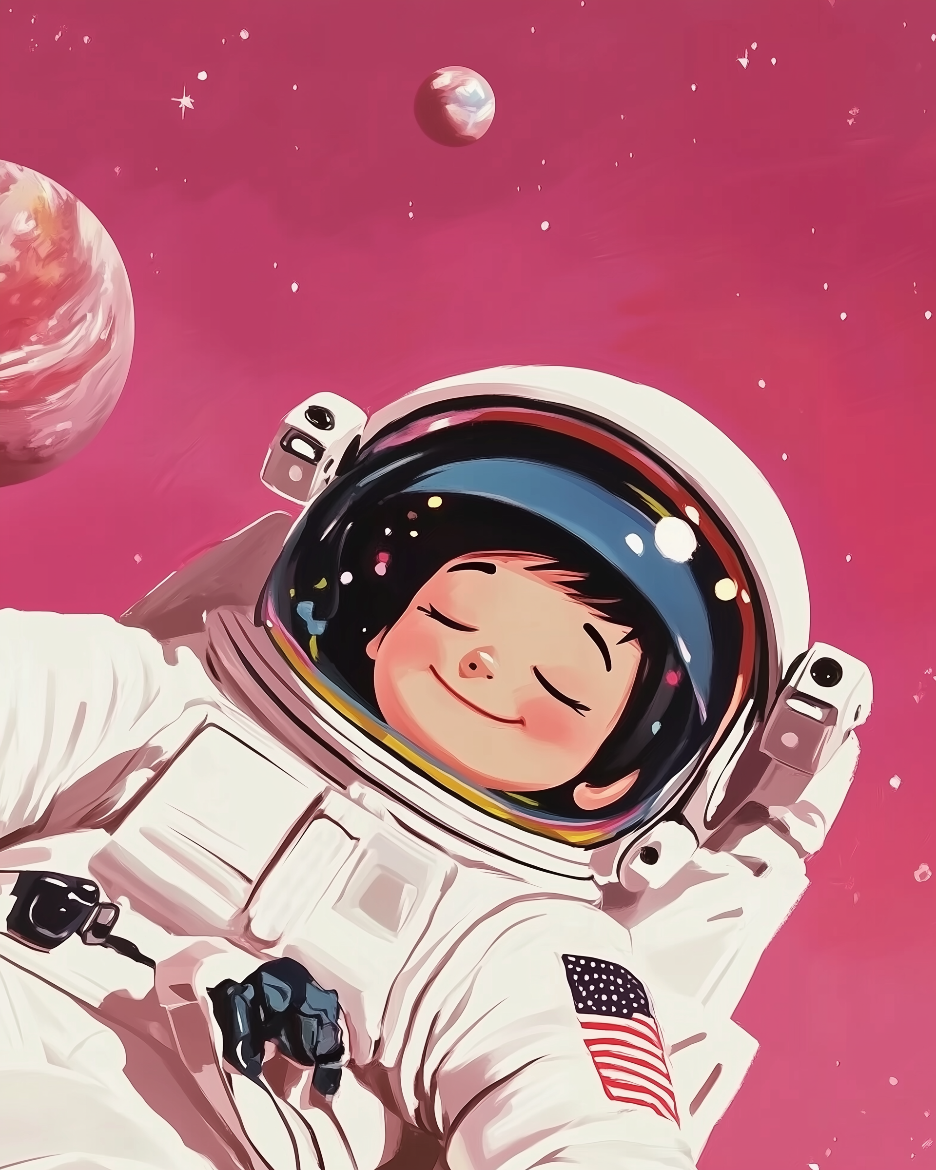 Space Wall Art for Nursery, Playroom or Kids Bedrooms - Happy Astronaut in Pink Galaxy with Planets - Galactic Daydream