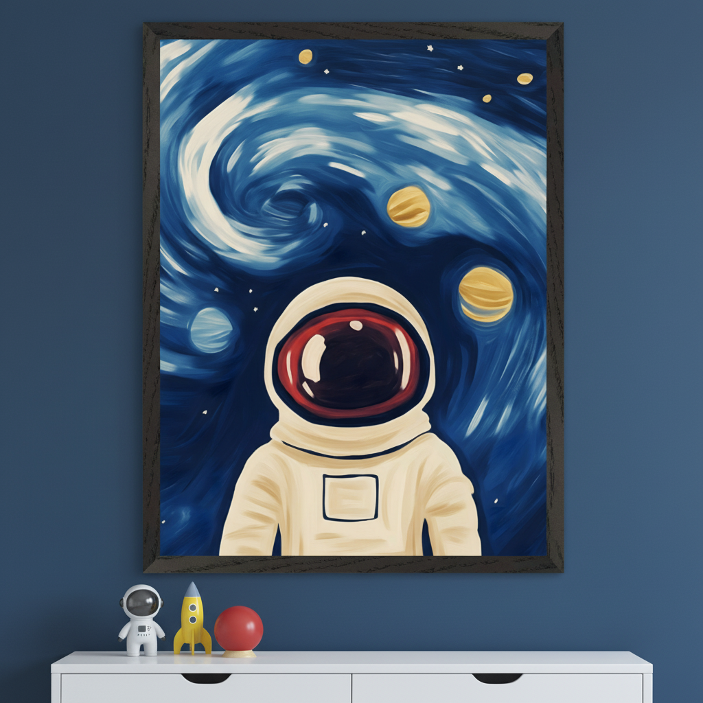 Kid's bedroom with a blue wall. A large framed painting of an astronaut in a white suit with a red visor, against a swirling blue space background with planets and stars, hangs above a white dresser.