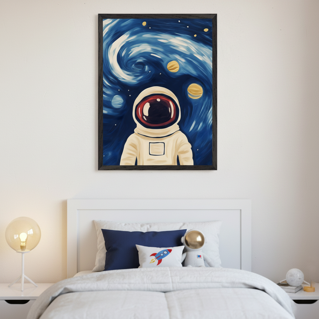 Modern kid's bedroom with a white bed and headboard. A large framed painting of an astronaut in a swirling blue galaxy with yellow planets hangs above the bed. A white nightstand with a glass lamp is to the left.
