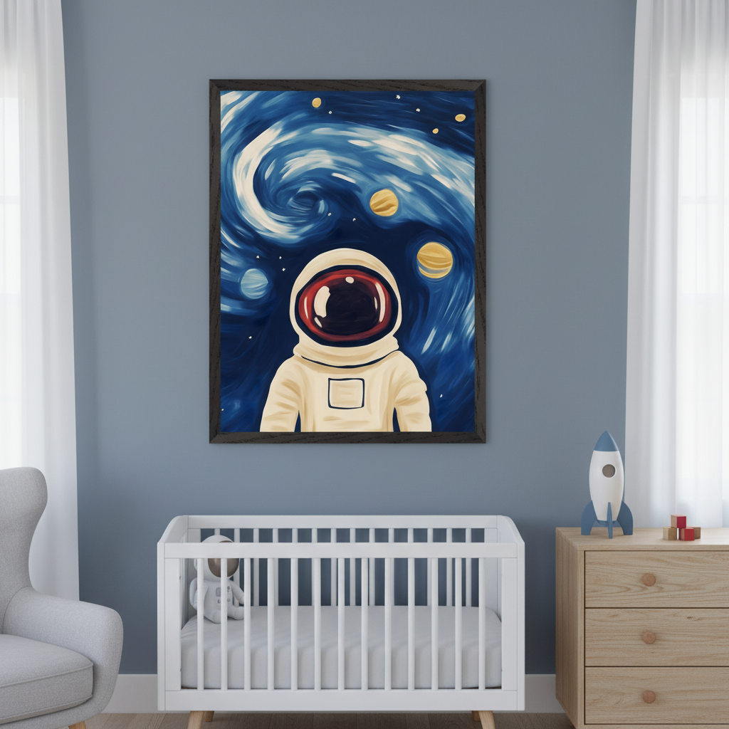 Modern nursery with a white crib, gray armchair, and wood dresser. A large framed painting of an astronaut in space with a swirling blue galaxy and planets hangs on the blue wall above the crib.