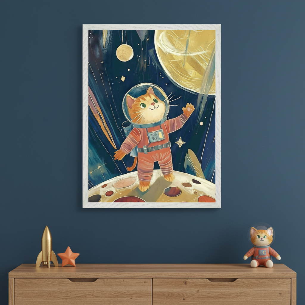 Dark blue kid's room with a wooden dresser. A framed print of a cartoon astronaut cat on a moon with planets hangs above the dresser. A golden rocket, orange star, and astronaut cat plush are on the dresser.