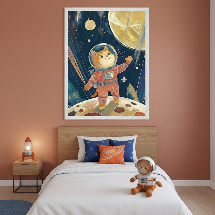 Kid's bedroom with a terracotta wall. A wooden bed with white bedding, blue and orange pillows, is centered. A wooden nightstand with a rocket lamp is on the left. Above the bed hangs a large framed illustration of an orange astronaut cat on the moon looking at a golden planet in space. An astronaut cat plush toy sits on the bed.