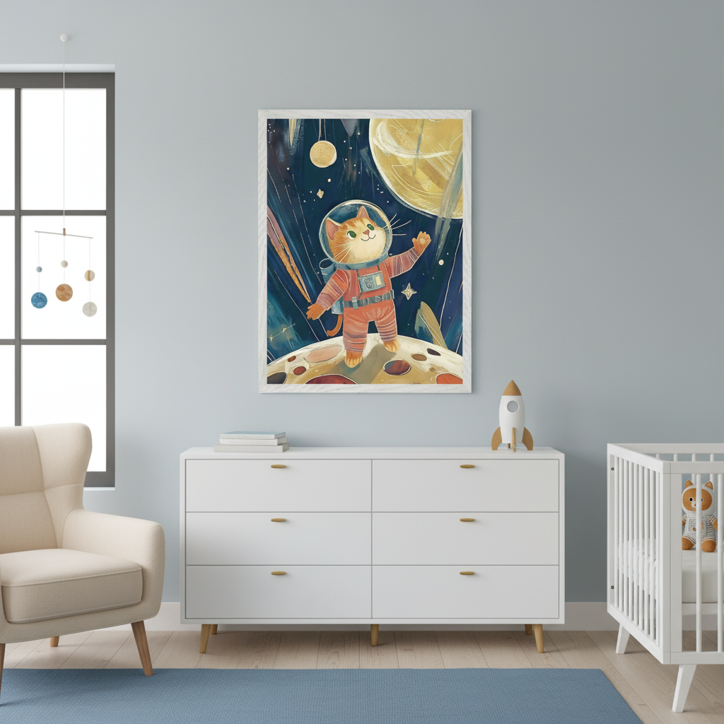 Modern nursery with a cream armchair, white six-drawer dresser, and white crib. A large framed print of a whimsical astronaut cat on a moon in space hangs centered above the dresser.