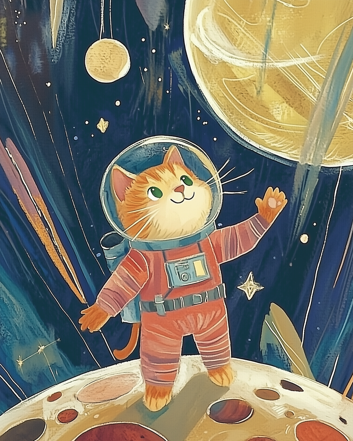 A cheerful orange tabby cat in a red spacesuit stands on a cratered moon-like surface, gazing at a glowing yellow planet above. The background is filled with vibrant stars and streaks of light, adding to the playful space theme.