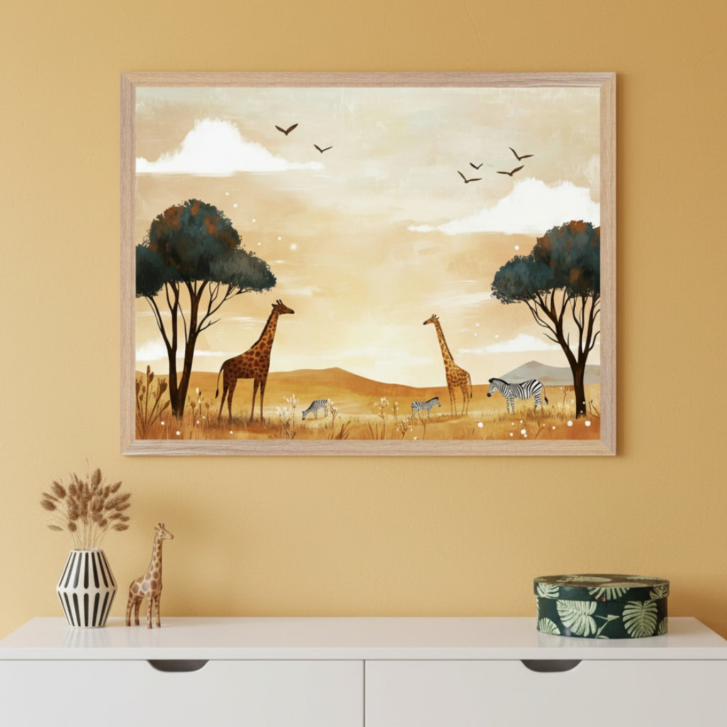 Modern room with a white dresser. A large framed watercolor print of a savanna scene with giraffes, zebras, trees, and birds under a warm sky hangs above the dresser.