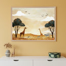 Modern room with a white dresser. A large framed watercolor print of a savanna scene with giraffes, zebras, trees, and birds under a warm sky hangs above the dresser.