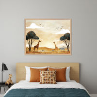 Kid's bedroom with a wooden bed, teal duvet, and rust pillows. A framed safari landscape illustration with two giraffes, zebras, trees, and birds under a warm sky hangs centered above the bed. A stuffed giraffe sits on a black side table.