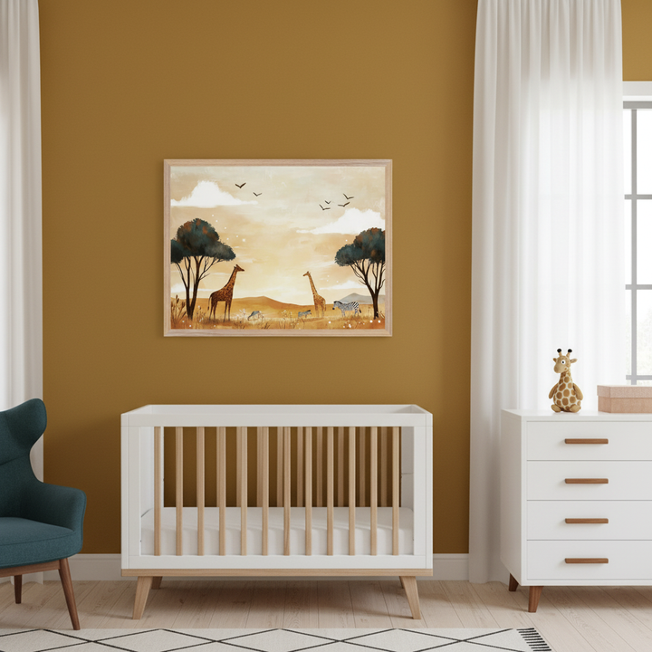 Modern nursery with an ochre wall. A large framed watercolor print of a safari scene with giraffes, zebras, trees, and birds hangs above a white and wood crib. A white dresser with a giraffe toy is on the right, and a teal armchair is on the left.