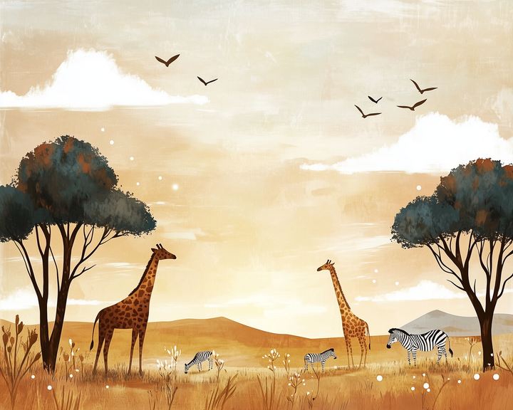 A warm-toned illustration of an African savanna at sunrise, with two giraffes and several zebras grazing among tall grass and trees. Birds soar across the soft, golden sky, adding movement to the peaceful scene.