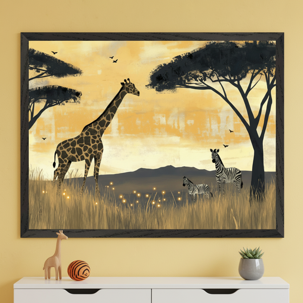 Modern nursery with a white dresser against a yellow wall. A large framed illustration of a savanna sunset with a giraffe, zebras, trees, and glowing plants hangs centered above the dresser.