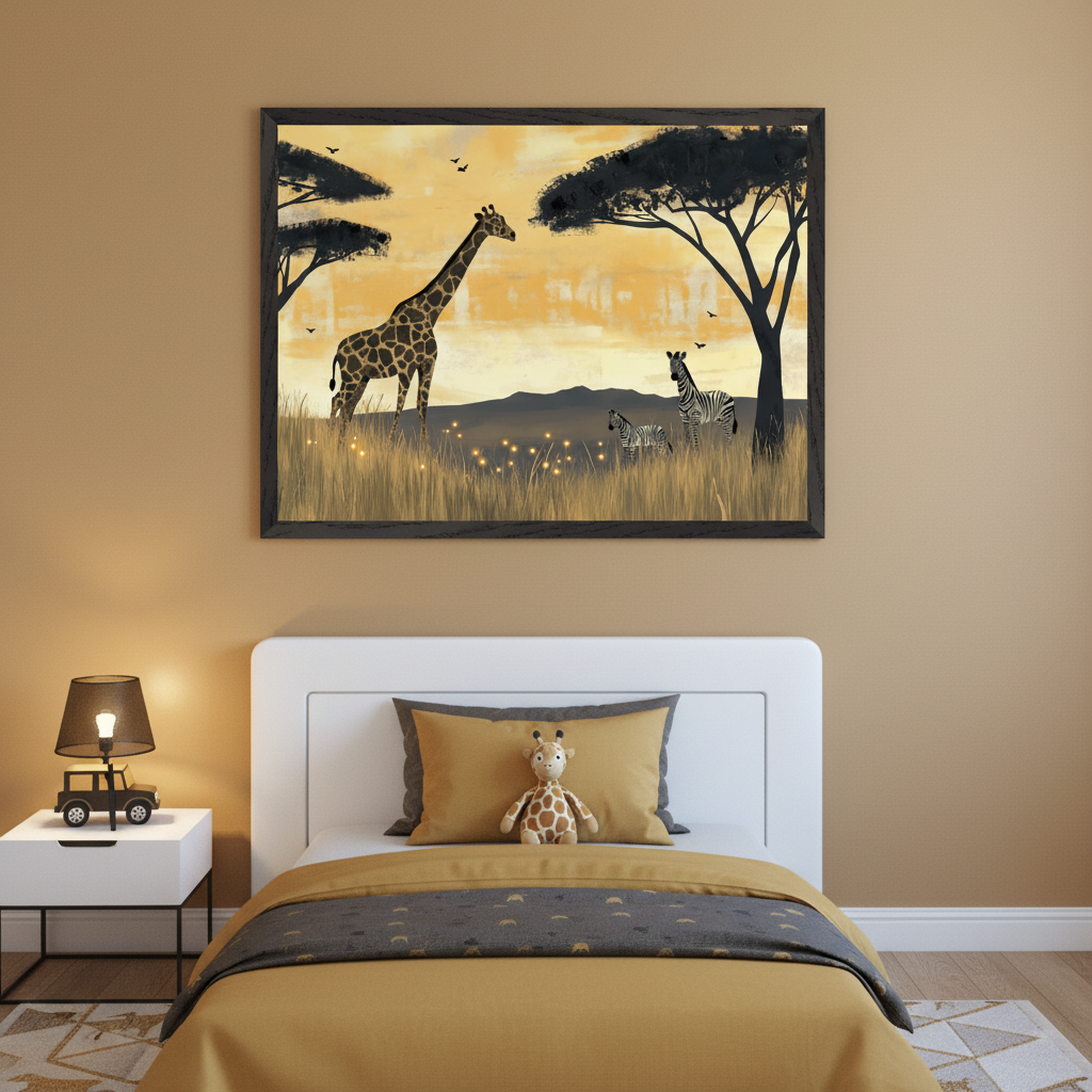 Kid's bedroom with a white bed, yellow bedding, and a stuffed giraffe. Above the bed, a large framed art print shows a golden savanna with a giraffe, zebras, acacia trees, and small glowing lights in the grass. A car lamp is on the nightstand.