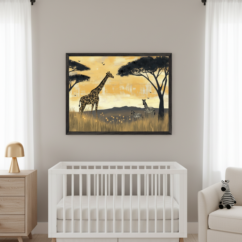 Modern nursery with a white crib, light wood dresser, and armchair. A large framed safari art print featuring a giraffe, two zebras, dark trees, and glowing elements against a golden sunset hangs centered above the crib.