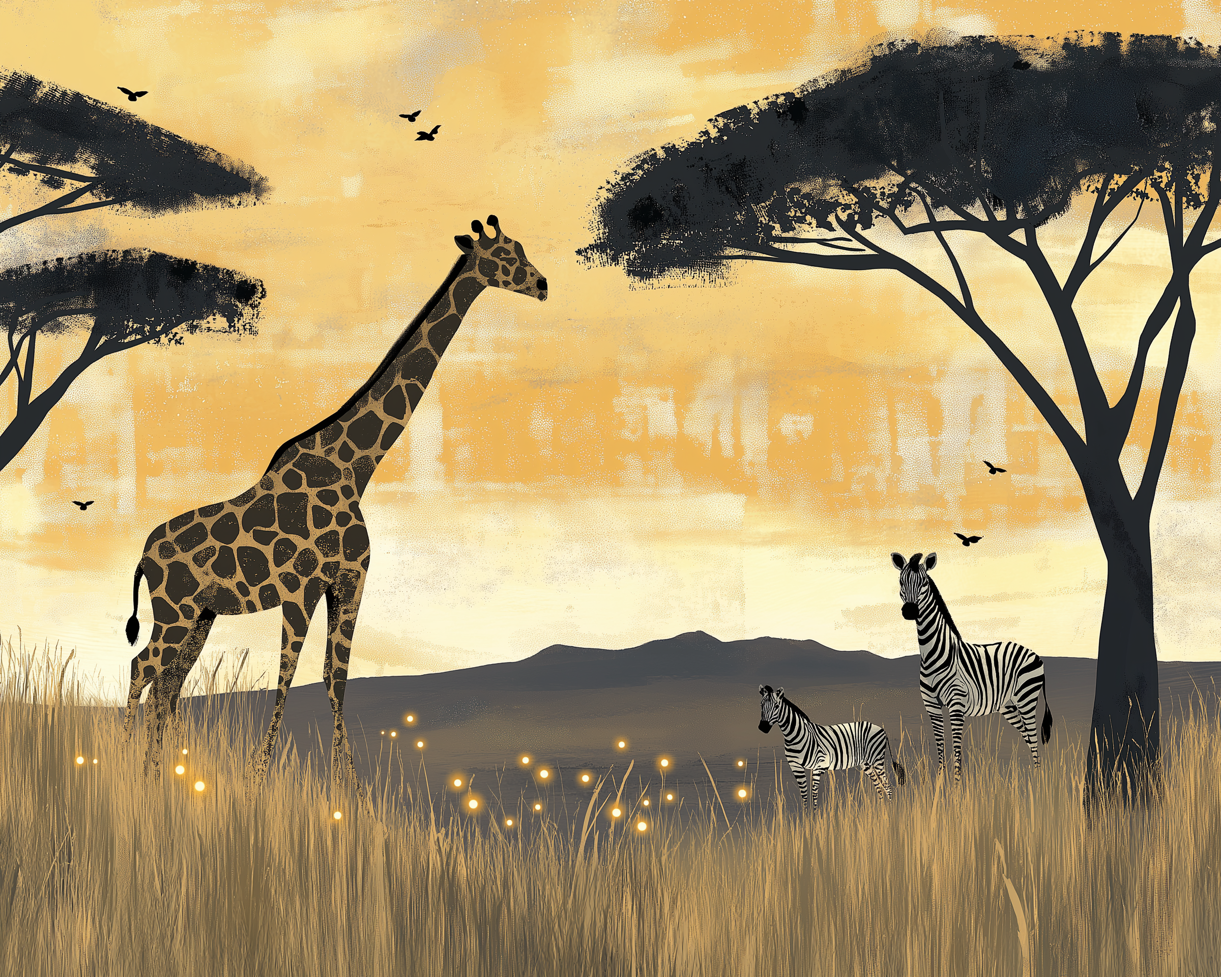 A tall giraffe and two zebras stand beneath silhouetted acacia trees in a grassy savanna, bathed in the warm orange light of sunset. The sky fades into cool tones over distant hills while birds fly overhead.