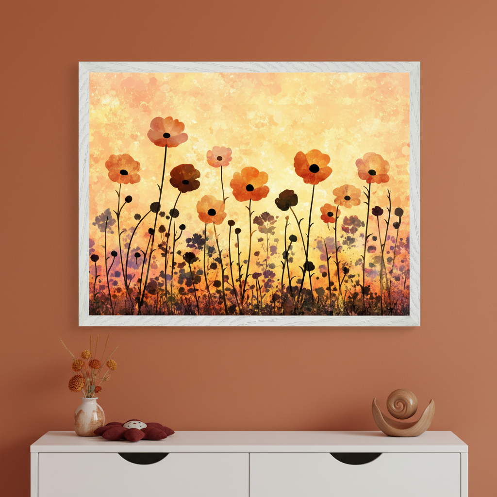 Modern room with a terracotta wall and white dresser. A large framed artwork featuring stylized orange and purple wildflowers against a vibrant yellow and orange textured background hangs centered above the dresser. A vase of dried flowers and a wooden sculpture are on the dresser.