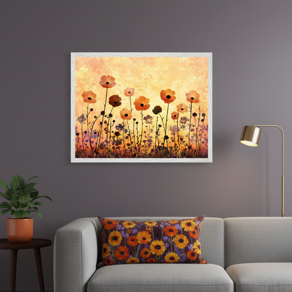 Modern living room with a light gray sofa and side table. A large framed painting of a stylized field of orange and brown flowers against a textured yellow-orange sky hangs above the sofa. A floral pillow is on the sofa, and a brass floor lamp is on the right.