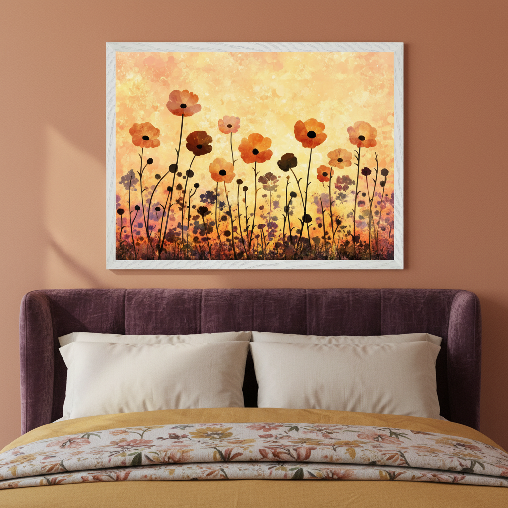 Modern bedroom with a purple upholstered bed, cream pillows, and a floral duvet. A framed impressionistic painting of orange and dark poppies in a field against a vibrant yellow-orange sky hangs centered above the bed.
