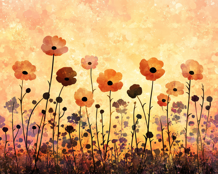 A dreamy digital painting of tall red and orange poppies stretching toward a soft, glowing sunset sky. The textured, speckled background blends yellows, pinks, and oranges for a radiant, nostalgic feel.