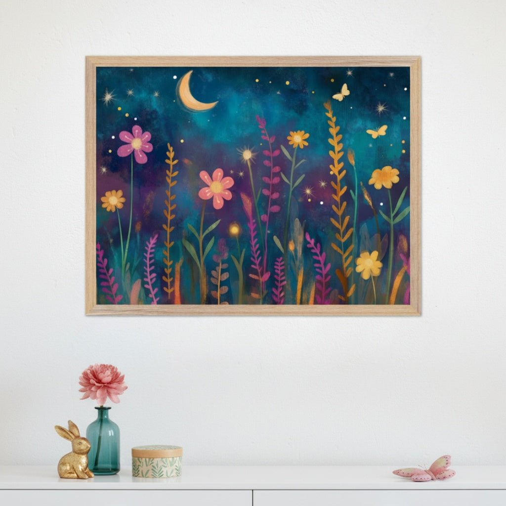 Modern room with a white dresser. A framed print with a light wood frame depicting an illustrative night field with a crescent moon, stars, colorful flowers, and butterflies hangs above the dresser. A golden rabbit, vase with flower, and box are on the dresser.