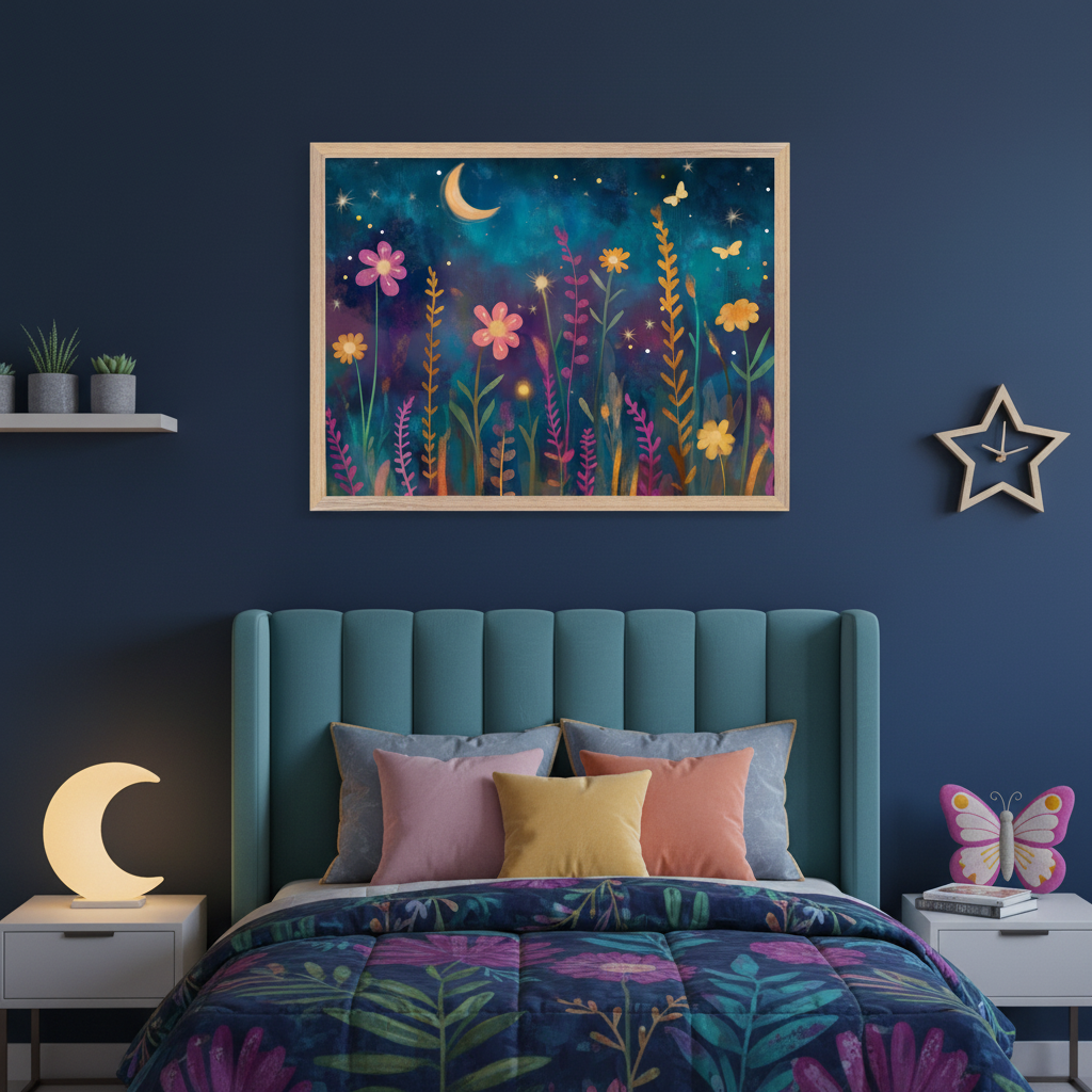 Kid's bedroom with a teal upholstered bed against a dark blue wall. A large framed painting of a moonlit field of colorful flowers, stars, and butterflies hangs centered above the bed. White nightstands with a moon lamp and butterfly pillow flank the bed.