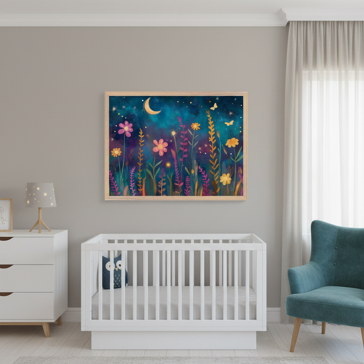 Modern nursery with a white crib, dresser, and a teal armchair. A framed print depicting a night sky with a crescent moon, stars, butterflies, and vibrant flowers and plants hangs centered above the crib.