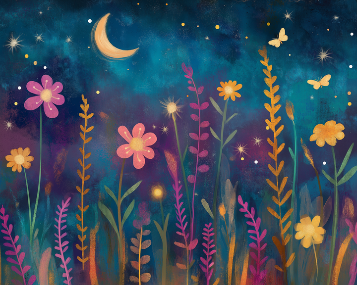 An enchanted night garden scene with colorful flowers in pinks, oranges, and yellows blooming under a crescent moon and twinkling stars. Fireflies and butterflies add to the whimsical nighttime atmosphere.