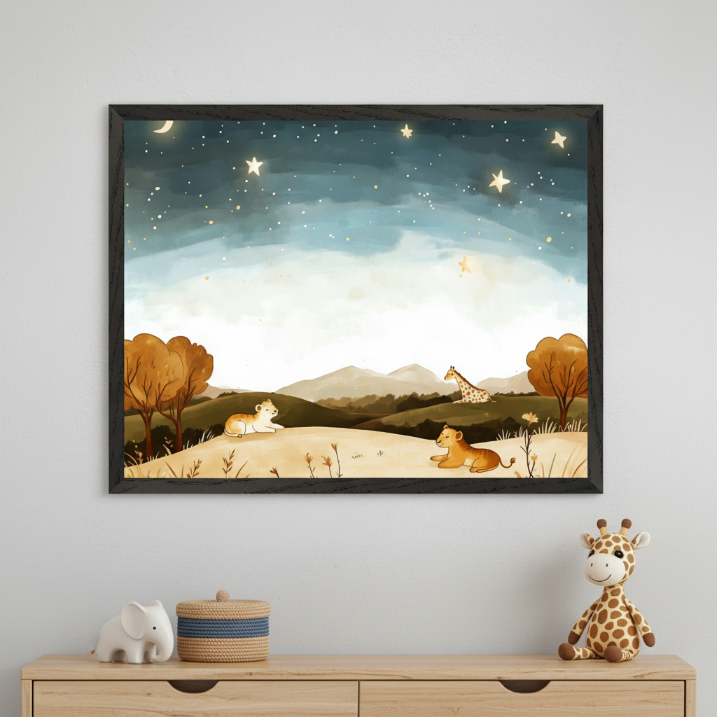 Kid's room with a light wood dresser. Above it, a framed watercolor painting of a starry night over a landscape with hills, autumn trees, two lion cubs, and a giraffe. On the dresser: a white elephant, striped basket, and a giraffe plush.