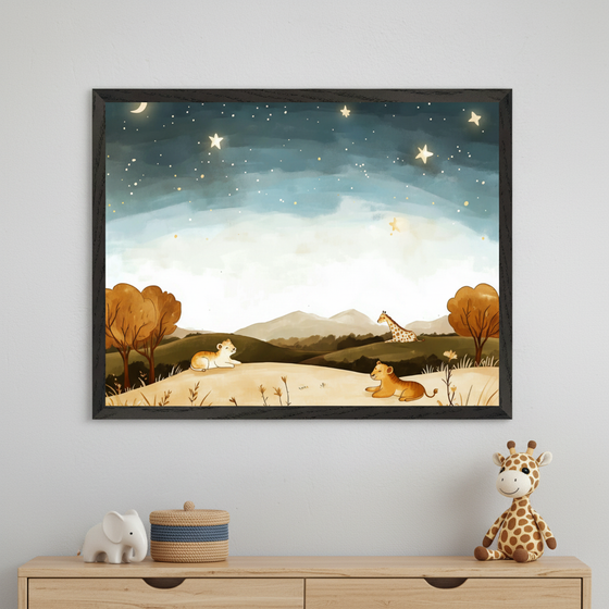 Kid's room with a light wood dresser. Above it, a framed watercolor painting of a starry night over a landscape with hills, autumn trees, two lion cubs, and a giraffe. On the dresser: a white elephant, striped basket, and a giraffe plush.