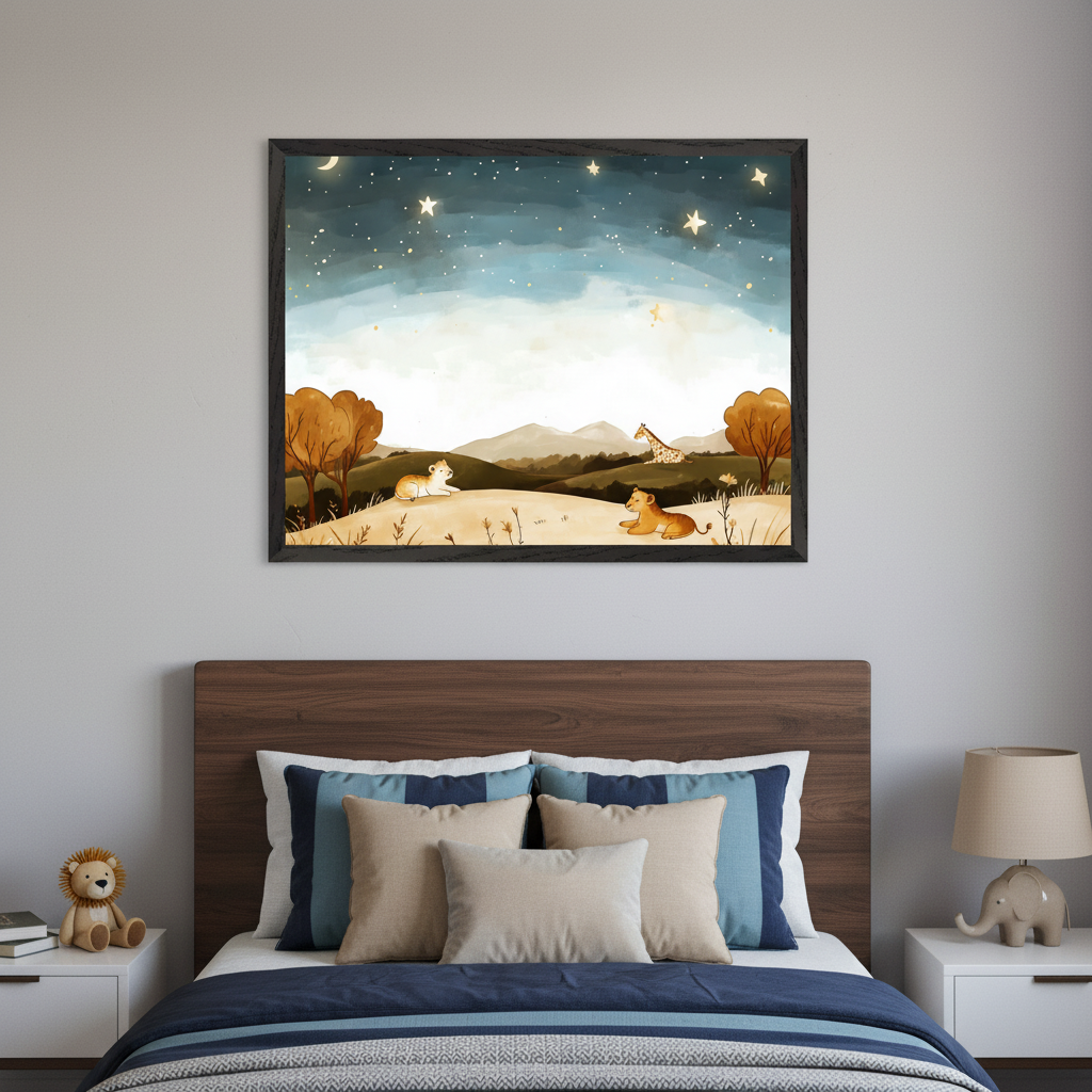 Kid's bedroom with a bed and wooden headboard. A large framed watercolor art print featuring a nocturnal savanna with lions, a giraffe, trees, mountains, stars, and a crescent moon hangs centered above the bed.
