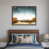 Kid's bedroom with a bed and wooden headboard. A large framed watercolor art print featuring a nocturnal savanna with lions, a giraffe, trees, mountains, stars, and a crescent moon hangs centered above the bed.