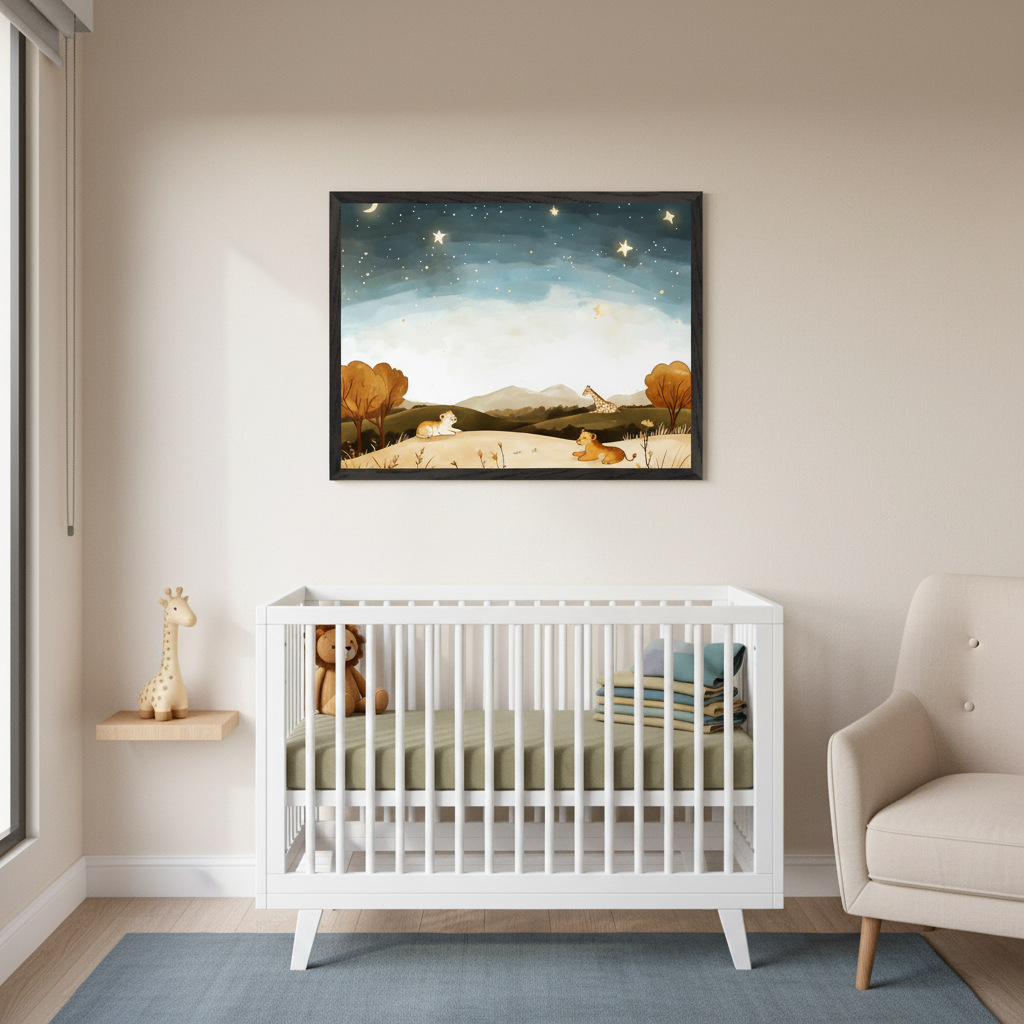 Modern nursery with a white crib and a beige armchair. A framed watercolor-style landscape print of a starry night sky with hills, trees, two lion cubs, and a giraffe hangs centered above the crib.