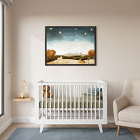 Modern nursery with a white crib and a beige armchair. A framed watercolor-style landscape print of a starry night sky with hills, trees, two lion cubs, and a giraffe hangs centered above the crib.