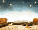 A dreamy nighttime savanna illustration featuring two lion cubs lounging under a starry sky with a crescent moon, while a giraffe stands in the distance near rolling hills and amber trees.