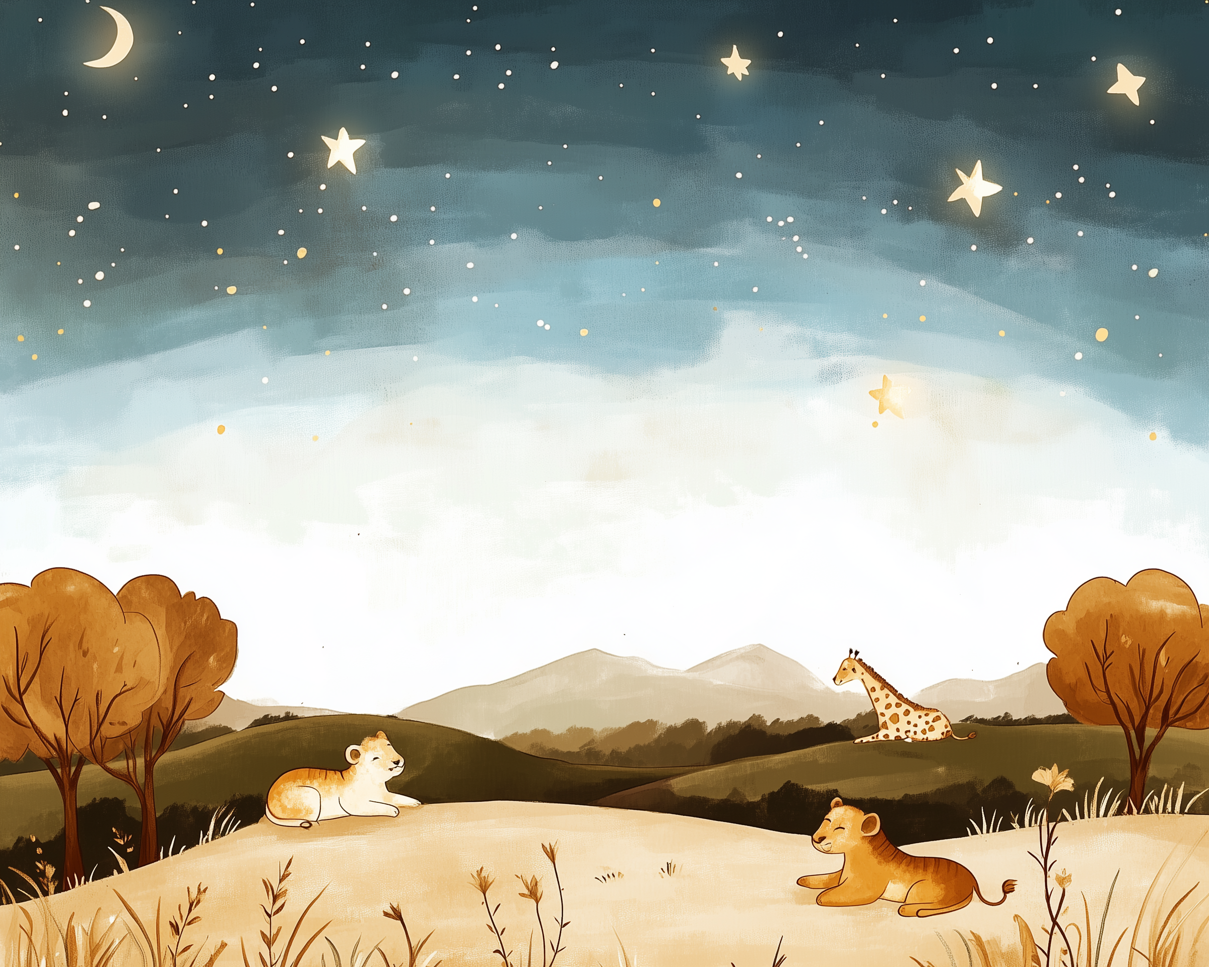 Safari Wall Art for Nursery, Playroom or Kids Bedrooms - Dreamy African Savanna with Lions, Giraffe, and Starry Night Sky - Starlit Safari