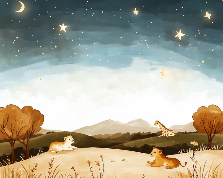 A dreamy nighttime savanna illustration featuring two lion cubs lounging under a starry sky with a crescent moon, while a giraffe stands in the distance near rolling hills and amber trees.