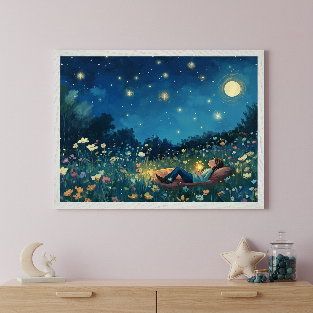 Kid's room with a light pink wall and a light wood dresser. A framed illustration of a person lying in a glowing flower field under a starry night sky with a full moon hangs centered above the dresser.