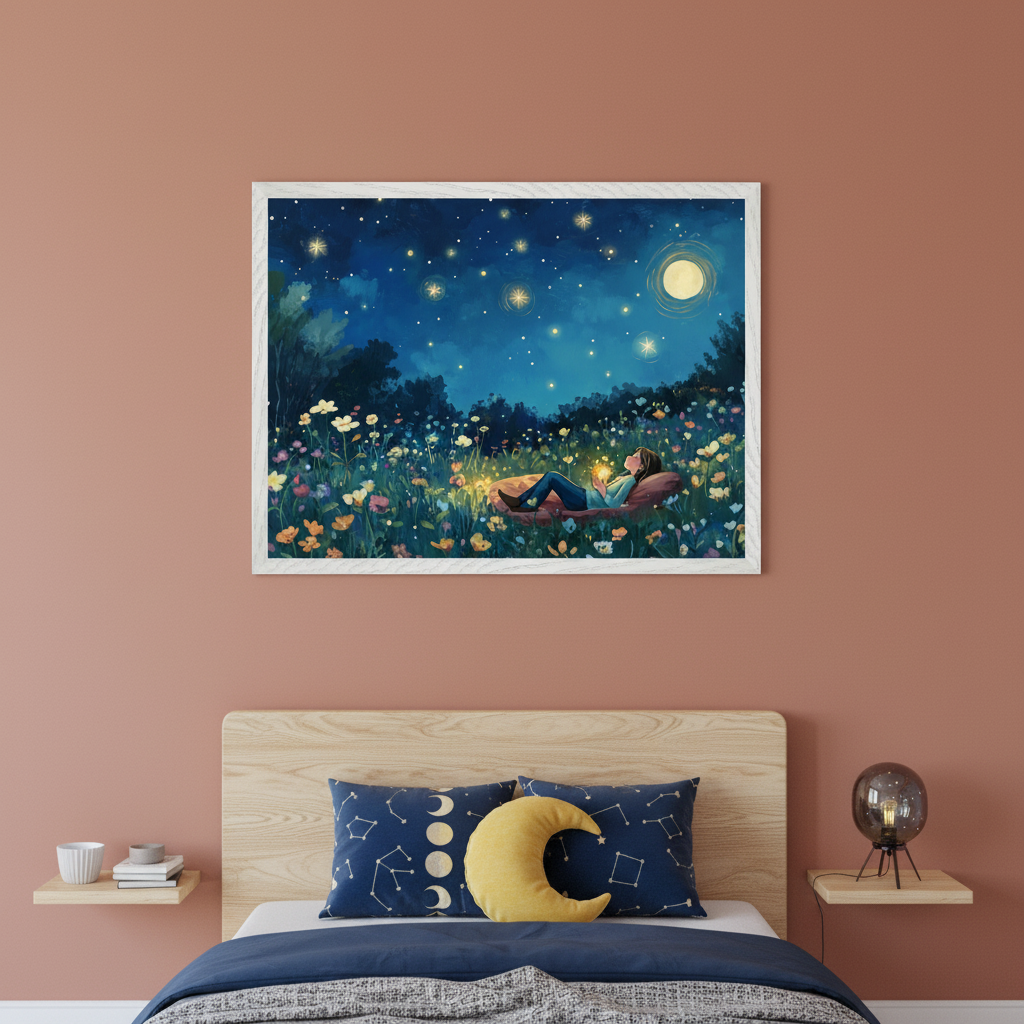 Modern bedroom with a wooden bed, blue constellation pillows, and a yellow moon pillow. A large framed illustration of a person lying in a starry flower field under a full moon, holding a glowing light, hangs above the headboard.