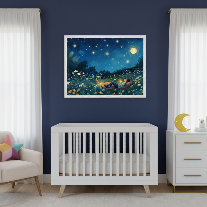 Modern nursery with a white crib and dresser against a dark blue wall. A large framed illustrative painting of a person lying in a starry flower field under a full moon hangs centered above the crib. A beige armchair is to the left.